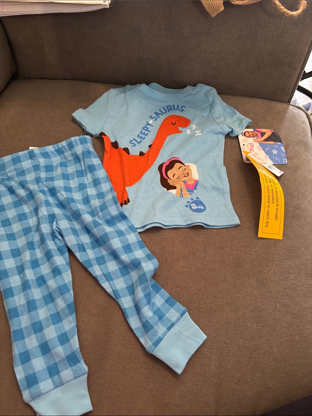 Ms Rachel Sleepy Saurus Blue Kids Pajama Set with Plaid Pants 12 month